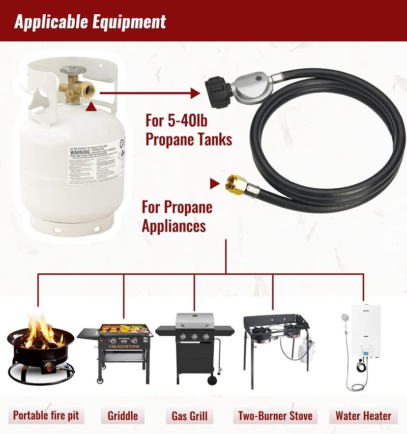 CALPOSE 6 Feet Propane Hose with Regulator, Universal Gas Grill Regulator and Hose for Blackstone 28''/36'' Griddle, Weber Grill, Propane fire pit and More, 3/8" Female Flare for Most LP Gas Grills - Image 5